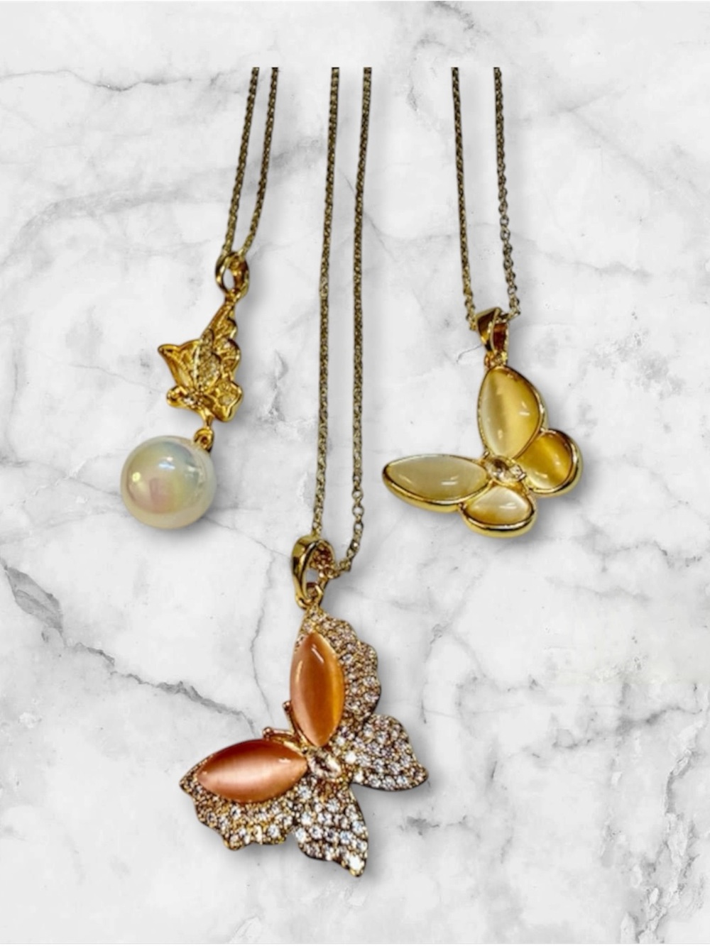 Gold Plated Butterfly Pendant Necklace Trio-all 16-18”
